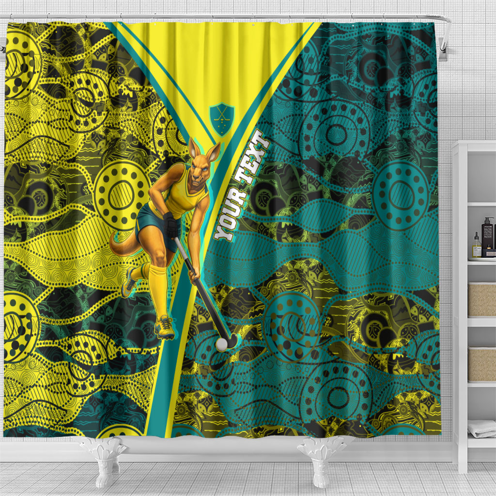 Custom Hockeyroos Kangaroo Field Hockey Shower Curtain Aboriginal Pattern Green Gold Dynamic Athlete Design