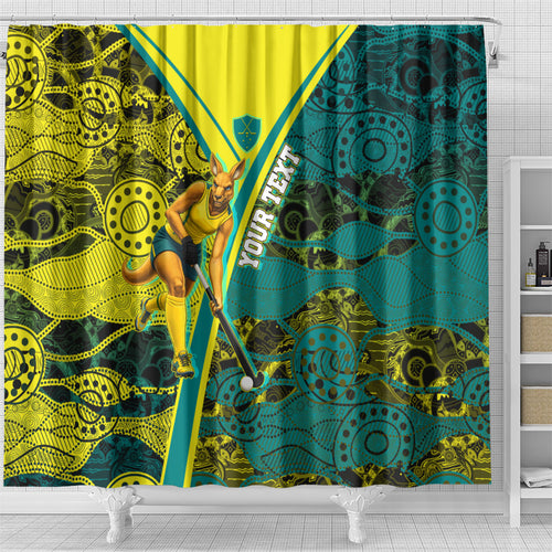 Custom Hockeyroos Kangaroo Field Hockey Shower Curtain Aboriginal Pattern Green Gold Dynamic Athlete Design