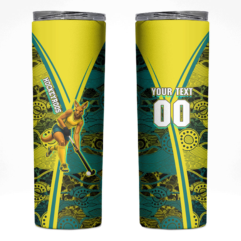 Custom Hockeyroos Kangaroo Field Hockey Skinny Tumbler Aboriginal Pattern Green Gold Dynamic Athlete Design