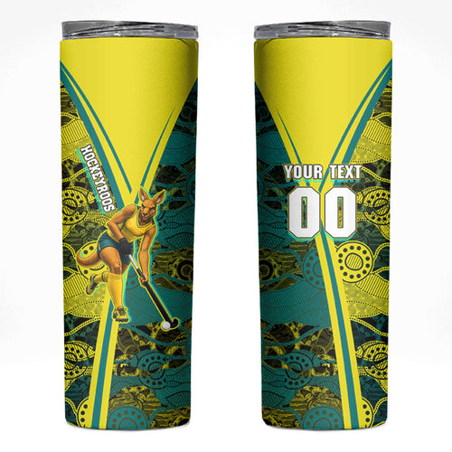 Custom Hockeyroos Kangaroo Field Hockey Skinny Tumbler Aboriginal Pattern Green Gold Dynamic Athlete Design