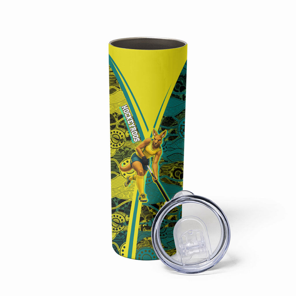 Custom Hockeyroos Kangaroo Field Hockey Skinny Tumbler Aboriginal Pattern Green Gold Dynamic Athlete Design
