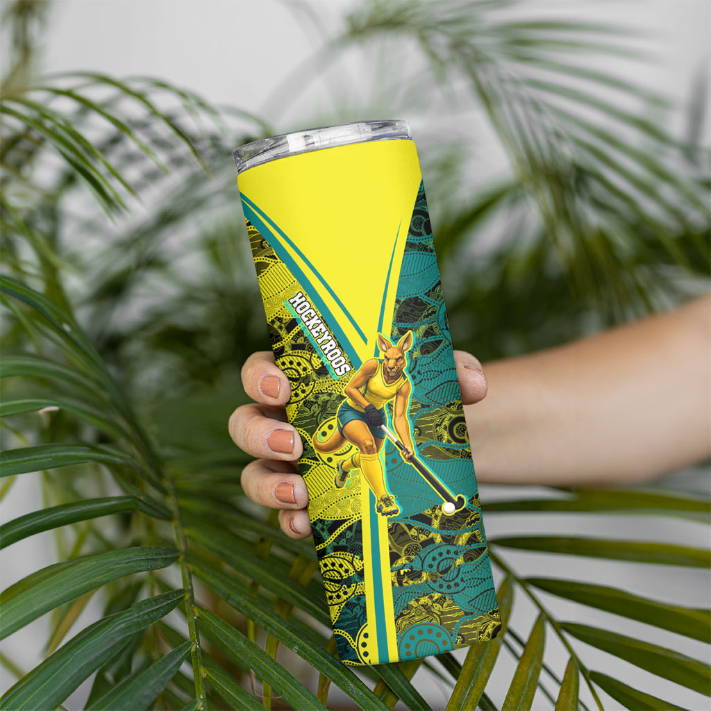 Custom Hockeyroos Kangaroo Field Hockey Skinny Tumbler Aboriginal Pattern Green Gold Dynamic Athlete Design