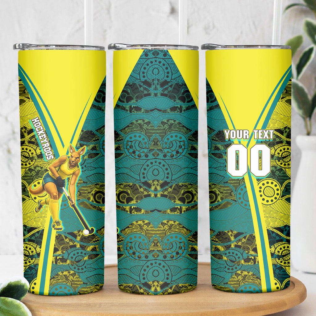 Custom Hockeyroos Kangaroo Field Hockey Skinny Tumbler Aboriginal Pattern Green Gold Dynamic Athlete Design