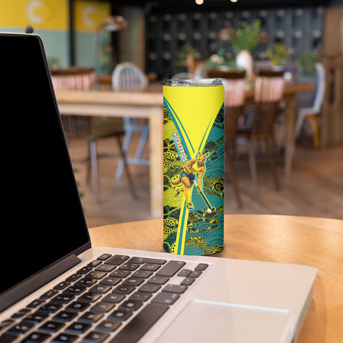 Custom Hockeyroos Kangaroo Field Hockey Skinny Tumbler Aboriginal Pattern Green Gold Dynamic Athlete Design