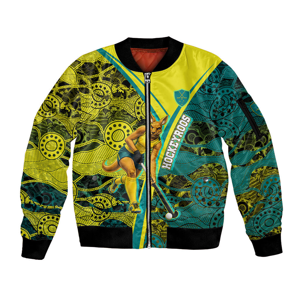 Custom Hockeyroos Kangaroo Field Hockey Sleeve Zip Bomber Jacket Aboriginal Pattern Green Gold Dynamic Athlete Design