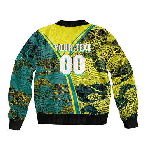 Custom Hockeyroos Kangaroo Field Hockey Sleeve Zip Bomber Jacket Aboriginal Pattern Green Gold Dynamic Athlete Design