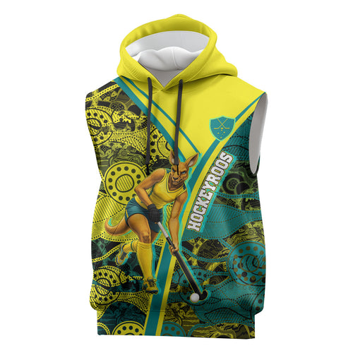 Custom Hockeyroos Kangaroo Field Hockey Sleeveless Hoodie Aboriginal Pattern Green Gold Dynamic Athlete Design