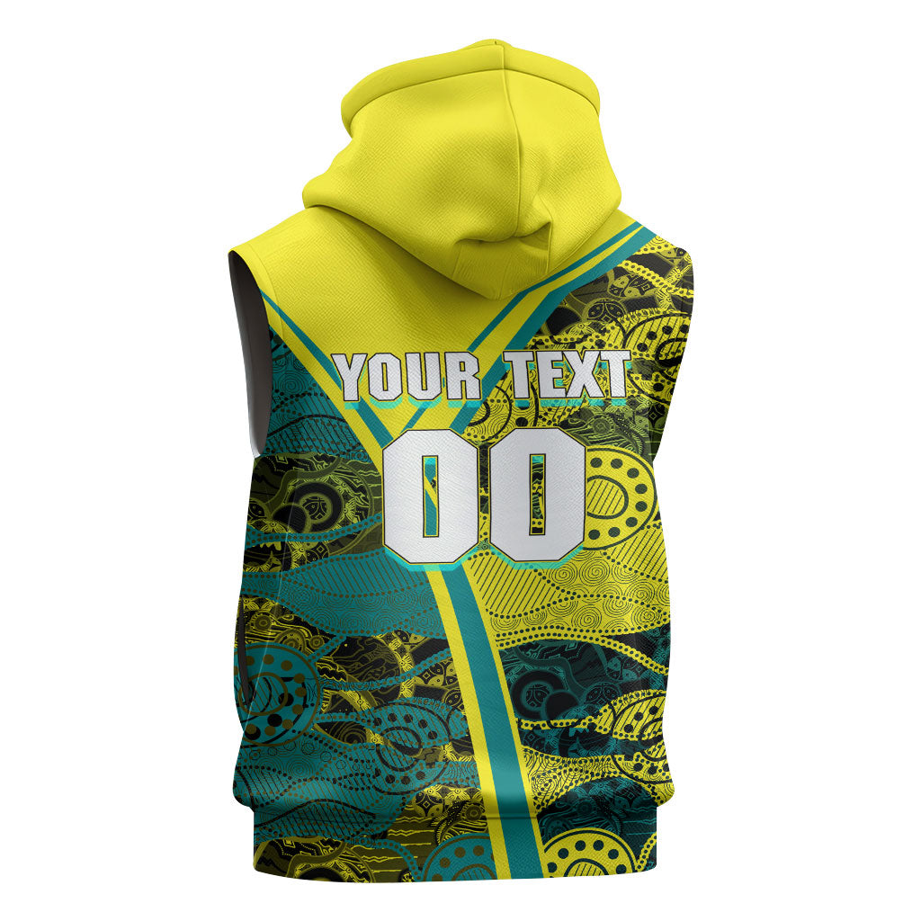 Custom Hockeyroos Kangaroo Field Hockey Sleeveless Hoodie Aboriginal Pattern Green Gold Dynamic Athlete Design