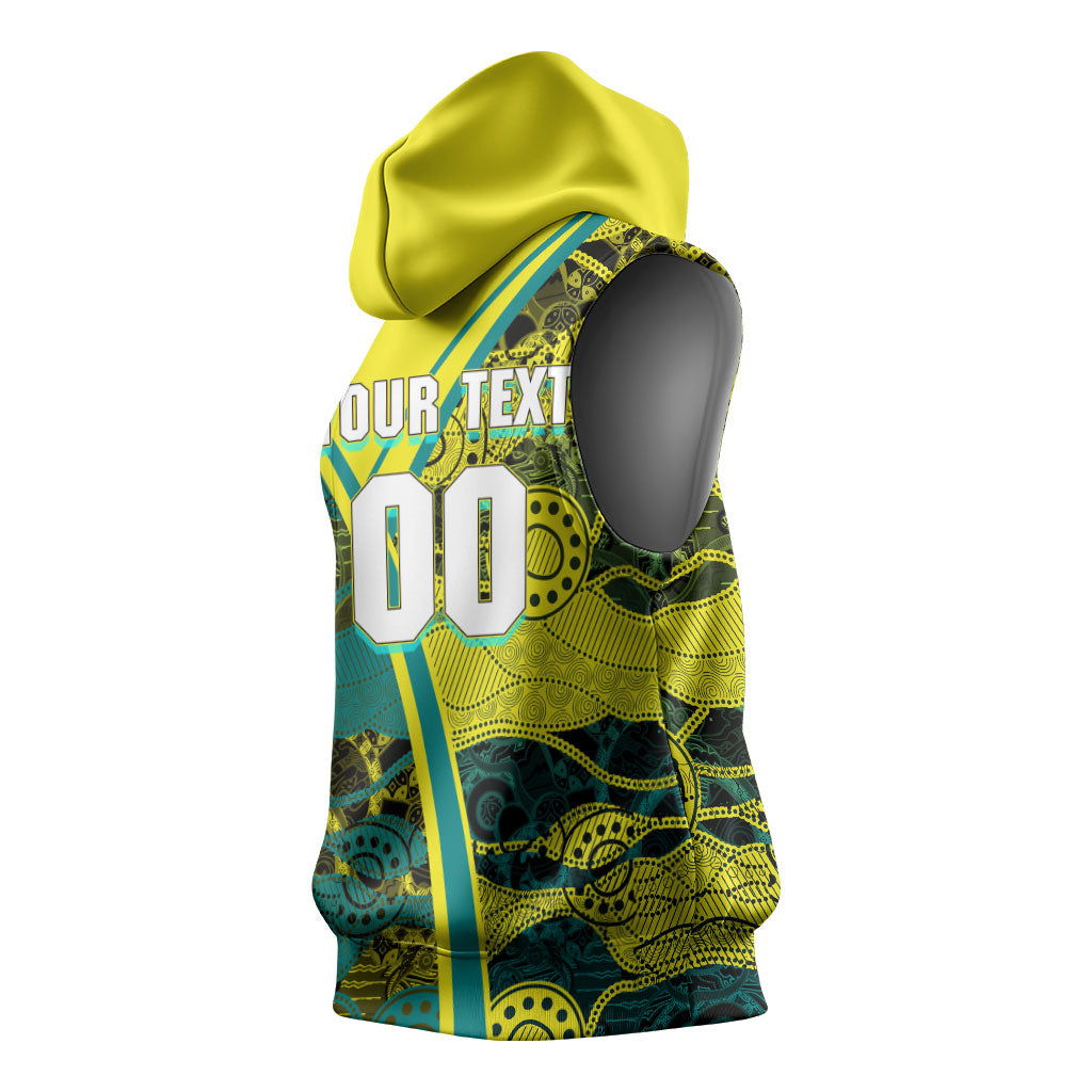 Custom Hockeyroos Kangaroo Field Hockey Sleeveless Hoodie Aboriginal Pattern Green Gold Dynamic Athlete Design