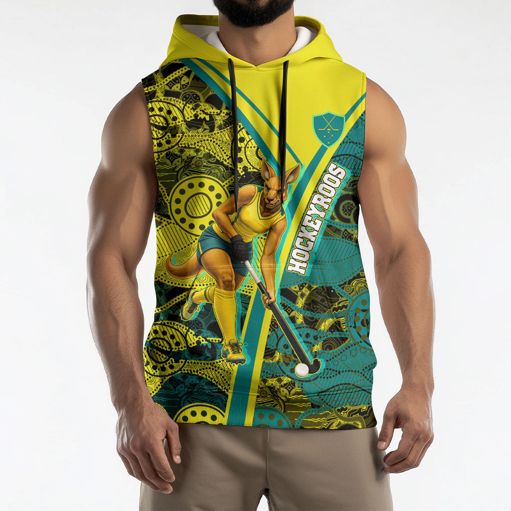 Custom Hockeyroos Kangaroo Field Hockey Sleeveless Hoodie Aboriginal Pattern Green Gold Dynamic Athlete Design