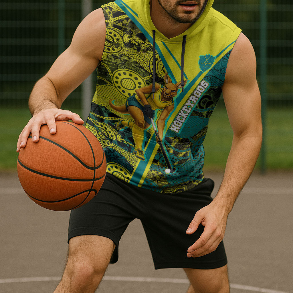 Custom Hockeyroos Kangaroo Field Hockey Sleeveless Hoodie Aboriginal Pattern Green Gold Dynamic Athlete Design