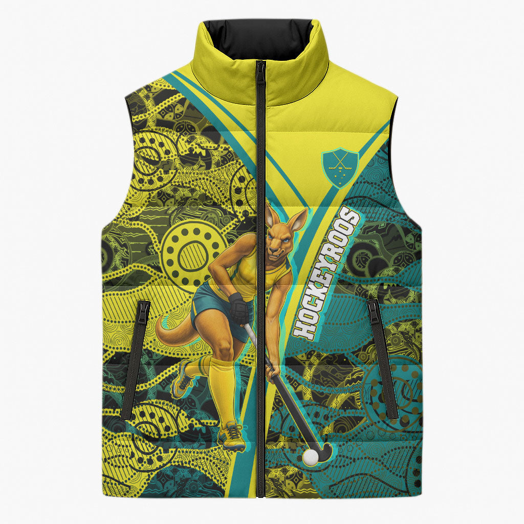 Custom Hockeyroos Kangaroo Field Hockey Sleeveless Puffer Jacket Aboriginal Pattern Green Gold Dynamic Athlete Design