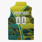 Custom Hockeyroos Kangaroo Field Hockey Sleeveless Puffer Jacket Aboriginal Pattern Green Gold Dynamic Athlete Design