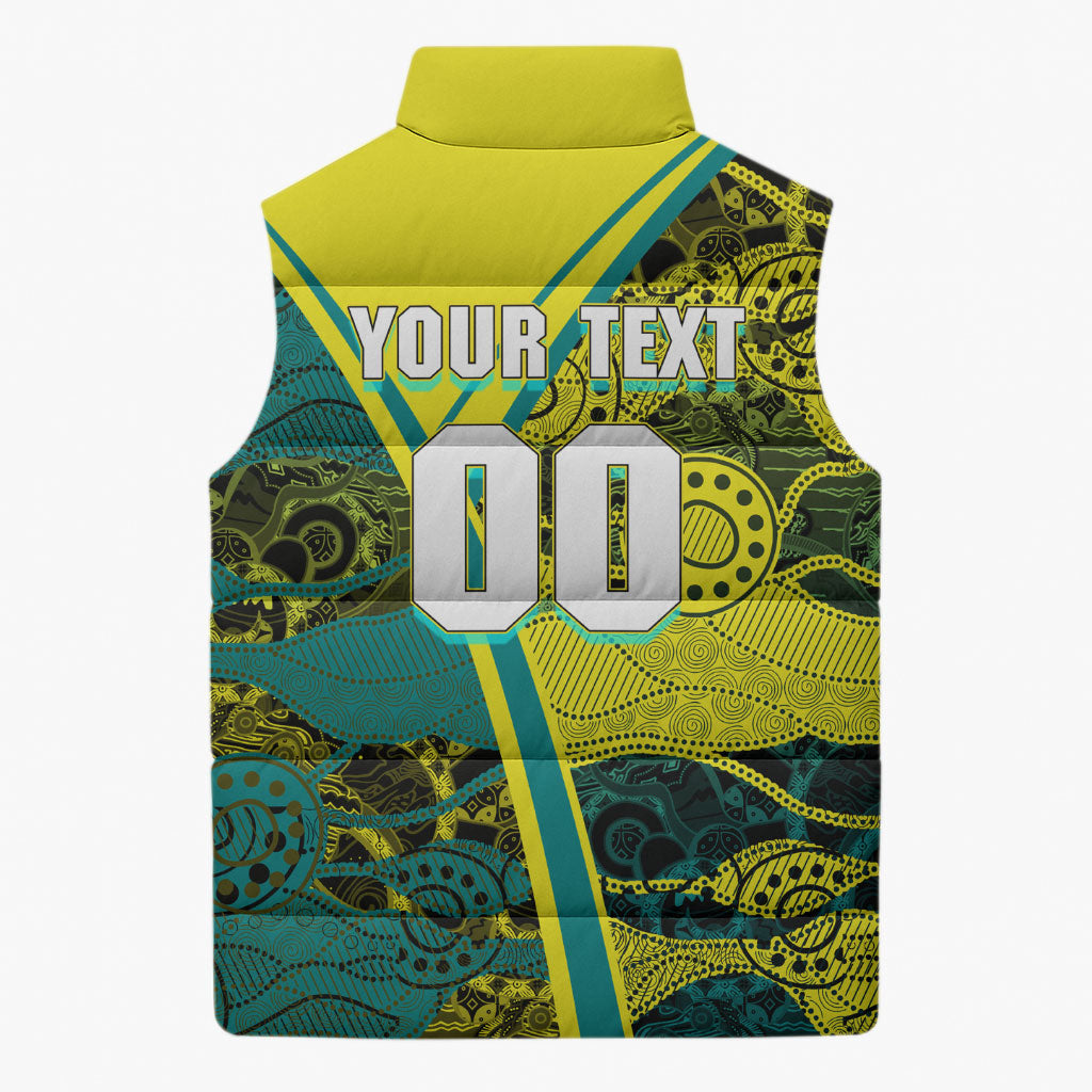 Custom Hockeyroos Kangaroo Field Hockey Sleeveless Puffer Jacket Aboriginal Pattern Green Gold Dynamic Athlete Design
