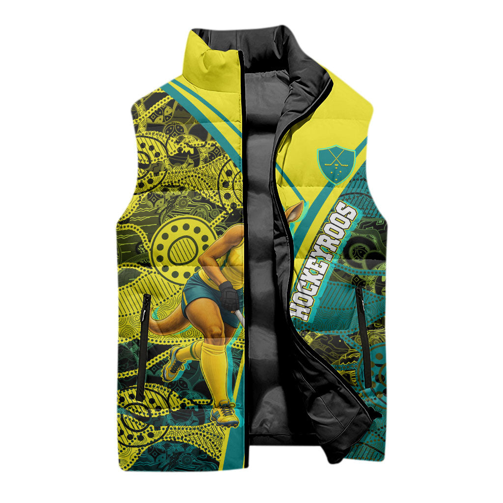 Custom Hockeyroos Kangaroo Field Hockey Sleeveless Puffer Jacket Aboriginal Pattern Green Gold Dynamic Athlete Design
