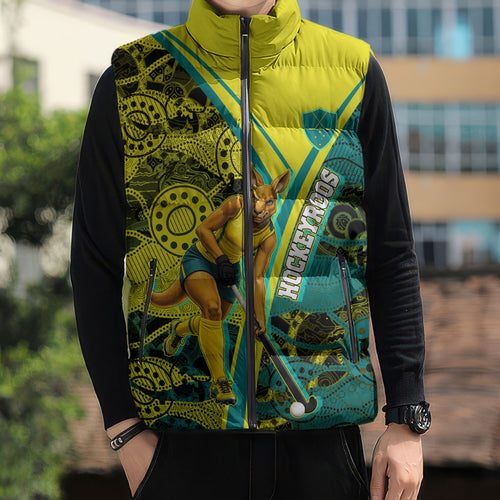 Custom Hockeyroos Kangaroo Field Hockey Sleeveless Puffer Jacket Aboriginal Pattern Green Gold Dynamic Athlete Design