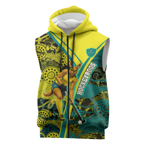Custom Hockeyroos Kangaroo Field Hockey Sleeveless Zip Hoodie Aboriginal Pattern Green Gold Dynamic Athlete Design