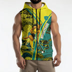 Custom Hockeyroos Kangaroo Field Hockey Sleeveless Zip Hoodie Aboriginal Pattern Green Gold Dynamic Athlete Design