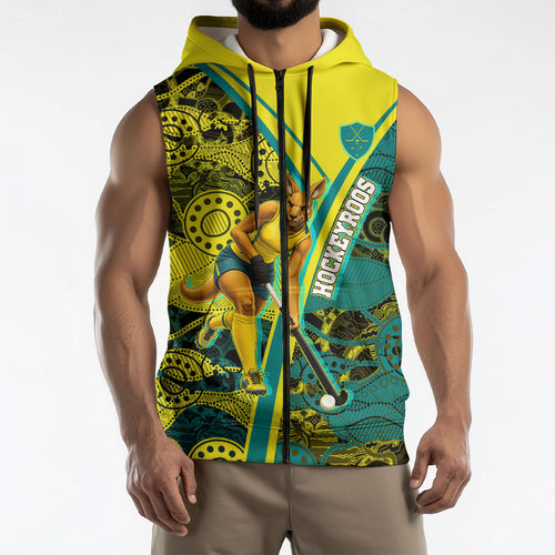Custom Hockeyroos Kangaroo Field Hockey Sleeveless Zip Hoodie Aboriginal Pattern Green Gold Dynamic Athlete Design