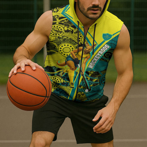 Custom Hockeyroos Kangaroo Field Hockey Sleeveless Zip Hoodie Aboriginal Pattern Green Gold Dynamic Athlete Design