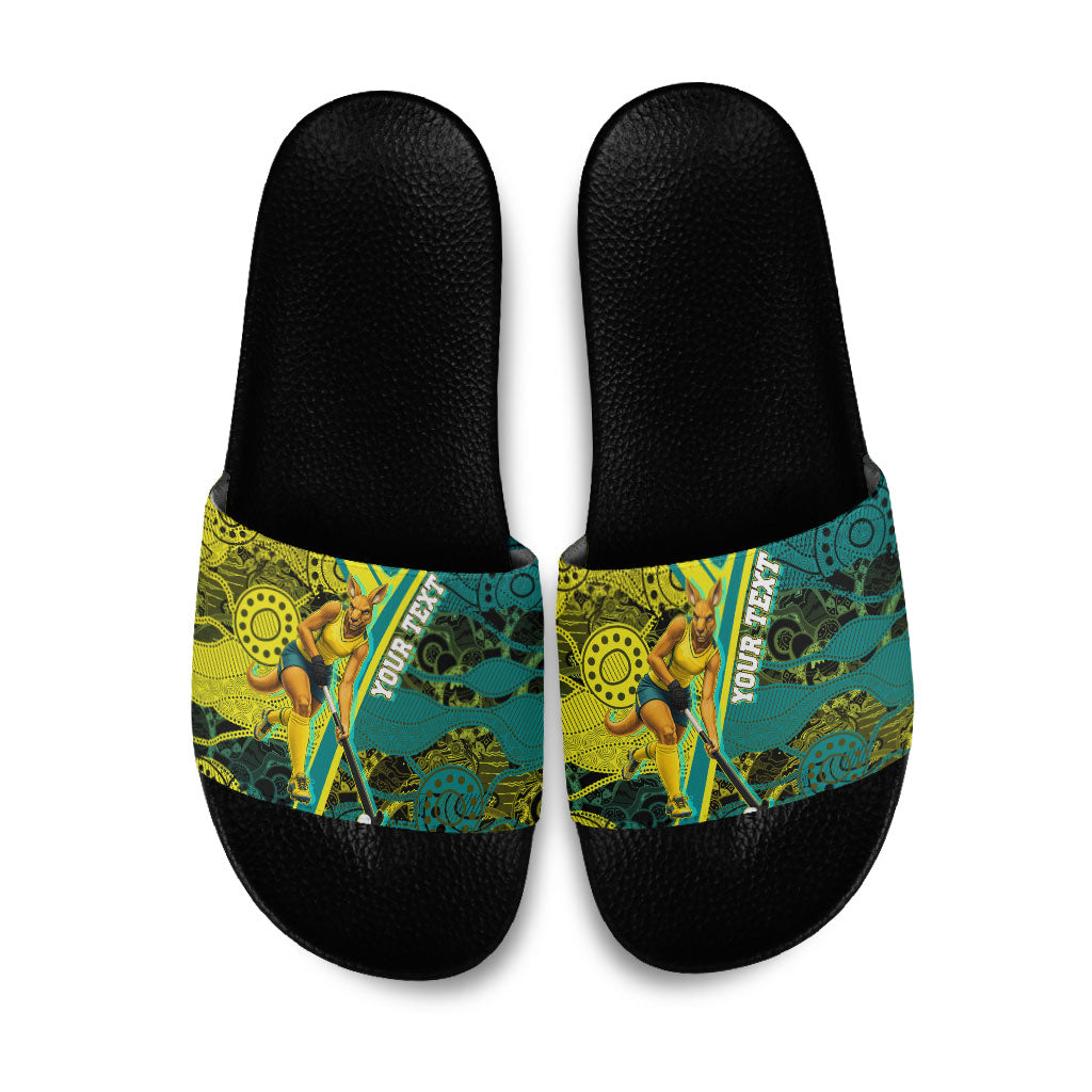 Custom Hockeyroos Kangaroo Field Hockey Slide Sandals Aboriginal Pattern Green Gold Dynamic Athlete Design