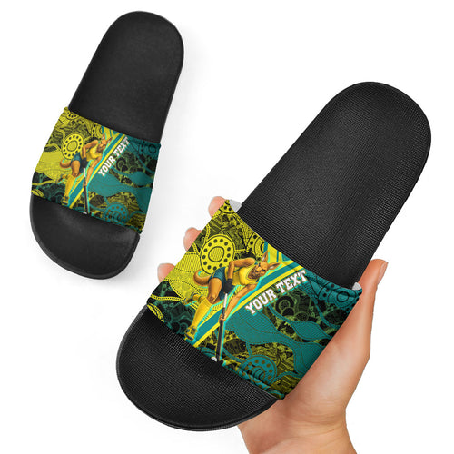 Custom Hockeyroos Kangaroo Field Hockey Slide Sandals Aboriginal Pattern Green Gold Dynamic Athlete Design