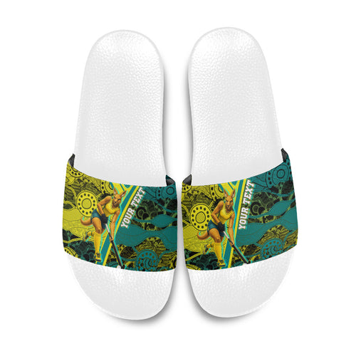 Custom Hockeyroos Kangaroo Field Hockey Slide Sandals Aboriginal Pattern Green Gold Dynamic Athlete Design