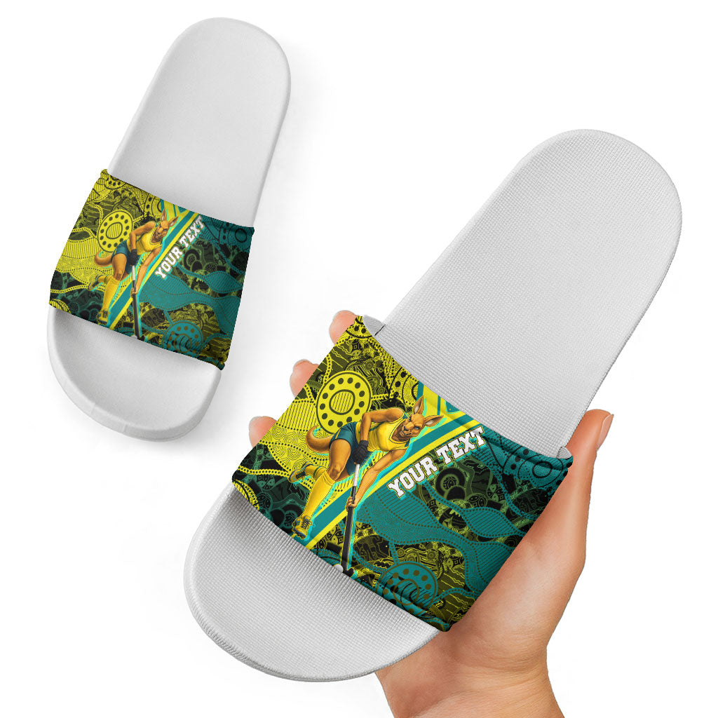 Custom Hockeyroos Kangaroo Field Hockey Slide Sandals Aboriginal Pattern Green Gold Dynamic Athlete Design