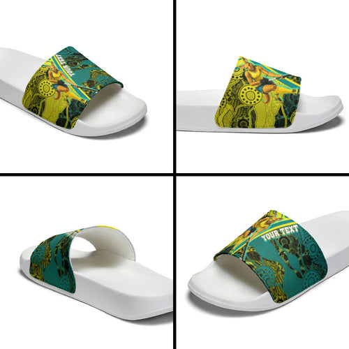 Custom Hockeyroos Kangaroo Field Hockey Slide Sandals Aboriginal Pattern Green Gold Dynamic Athlete Design