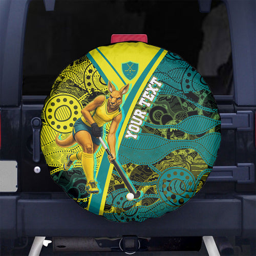 Custom Hockeyroos Kangaroo Field Hockey Spare Tire Cover Aboriginal Pattern Green Gold Dynamic Athlete Design