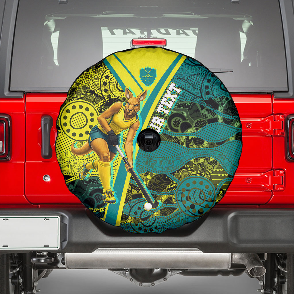 Custom Hockeyroos Kangaroo Field Hockey Spare Tire Cover Aboriginal Pattern Green Gold Dynamic Athlete Design