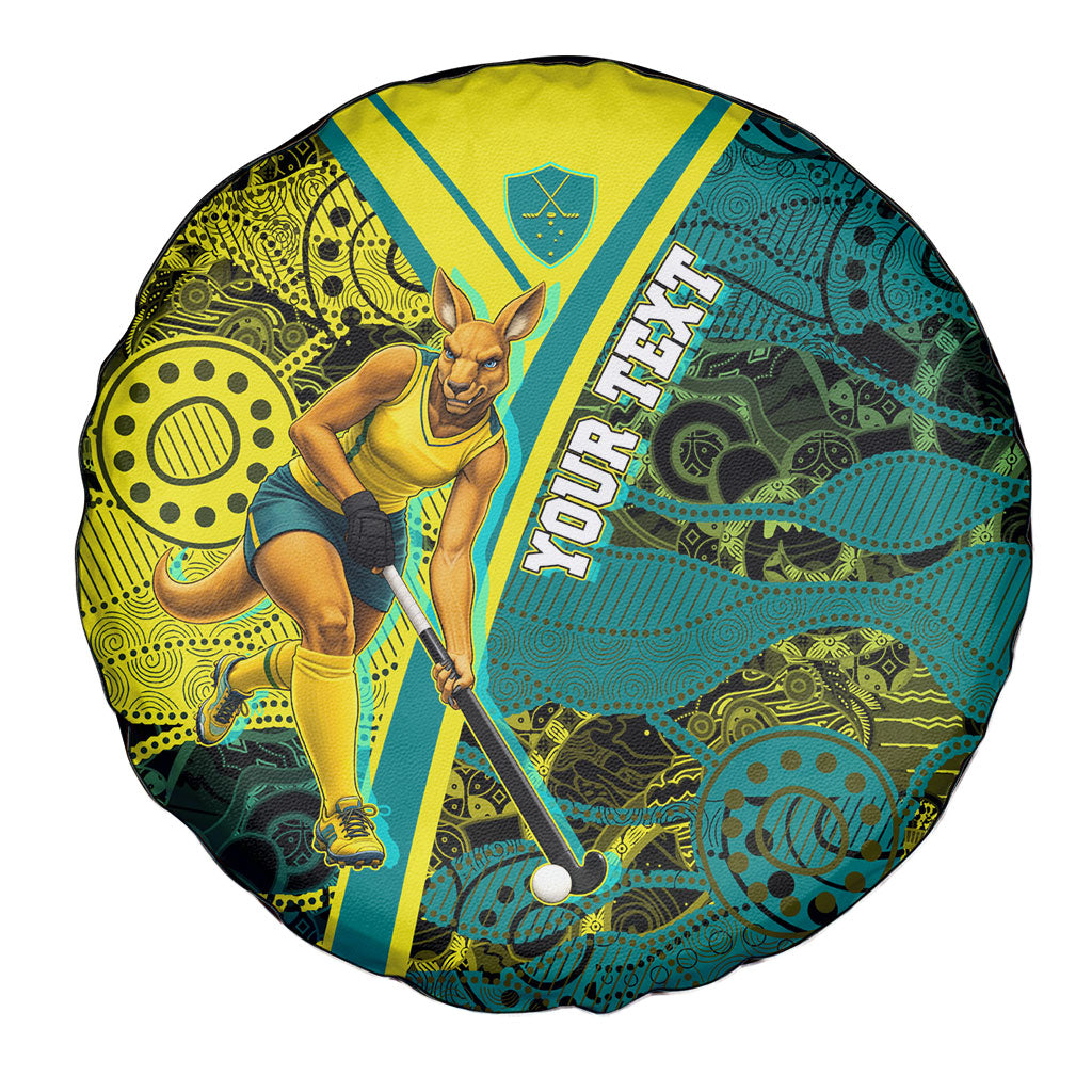 Custom Hockeyroos Kangaroo Field Hockey Spare Tire Cover Aboriginal Pattern Green Gold Dynamic Athlete Design
