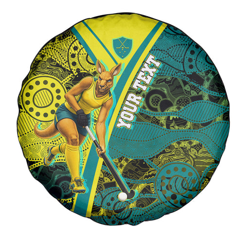 Custom Hockeyroos Kangaroo Field Hockey Spare Tire Cover Aboriginal Pattern Green Gold Dynamic Athlete Design