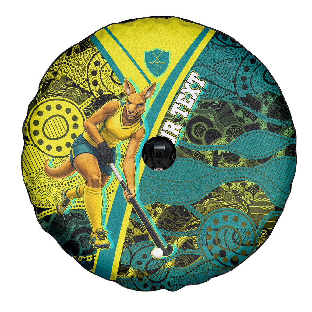 Custom Hockeyroos Kangaroo Field Hockey Spare Tire Cover Aboriginal Pattern Green Gold Dynamic Athlete Design