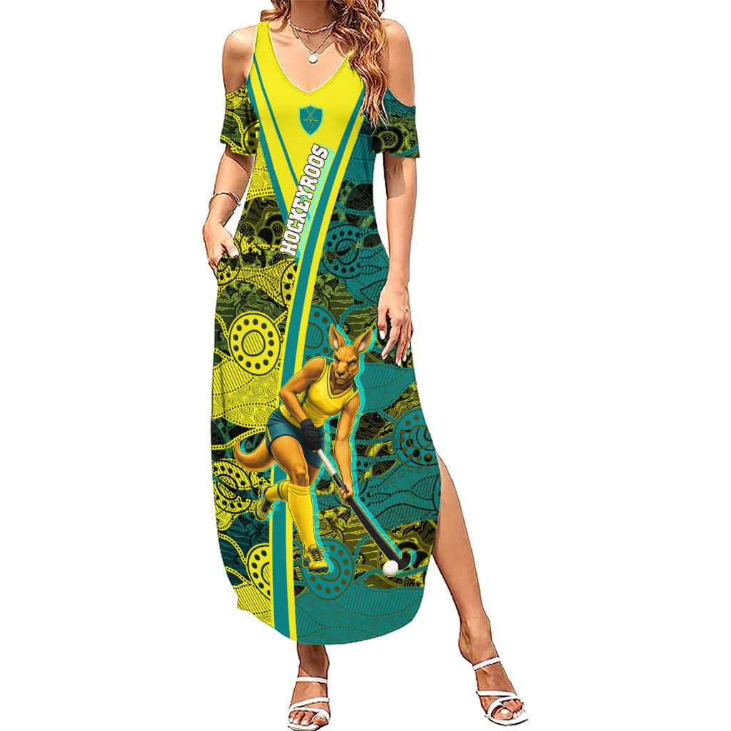 Custom Hockeyroos Kangaroo Field Hockey Summer Maxi Dress Aboriginal Pattern Green Gold Dynamic Athlete Design