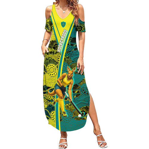 Custom Hockeyroos Kangaroo Field Hockey Summer Maxi Dress Aboriginal Pattern Green Gold Dynamic Athlete Design