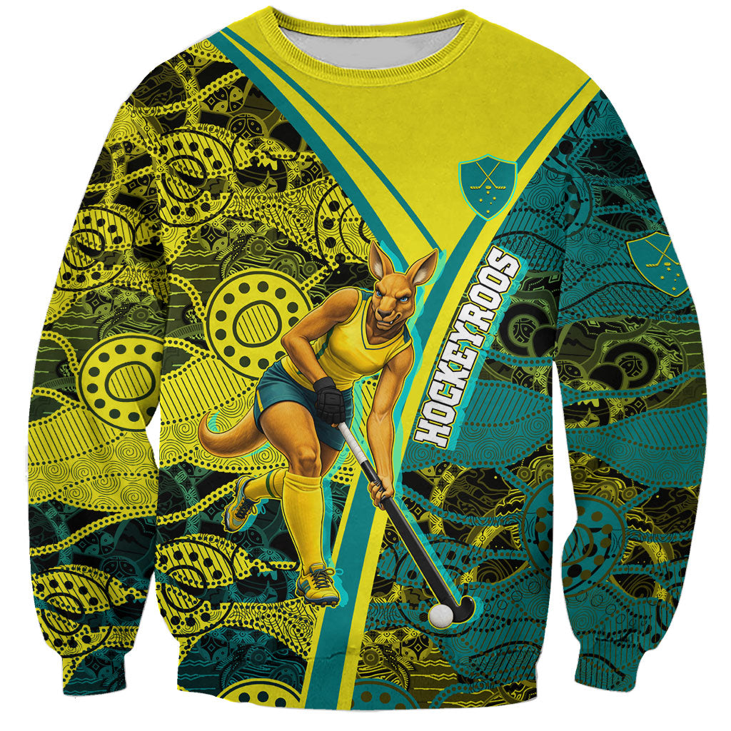 Custom Hockeyroos Kangaroo Field Hockey Sweatshirt Aboriginal Pattern Green Gold Dynamic Athlete Design