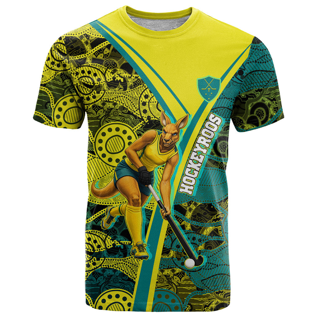 Custom Hockeyroos Kangaroo Field Hockey T Shirt Aboriginal Pattern Green Gold Dynamic Athlete Design