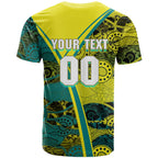 Custom Hockeyroos Kangaroo Field Hockey T Shirt Aboriginal Pattern Green Gold Dynamic Athlete Design
