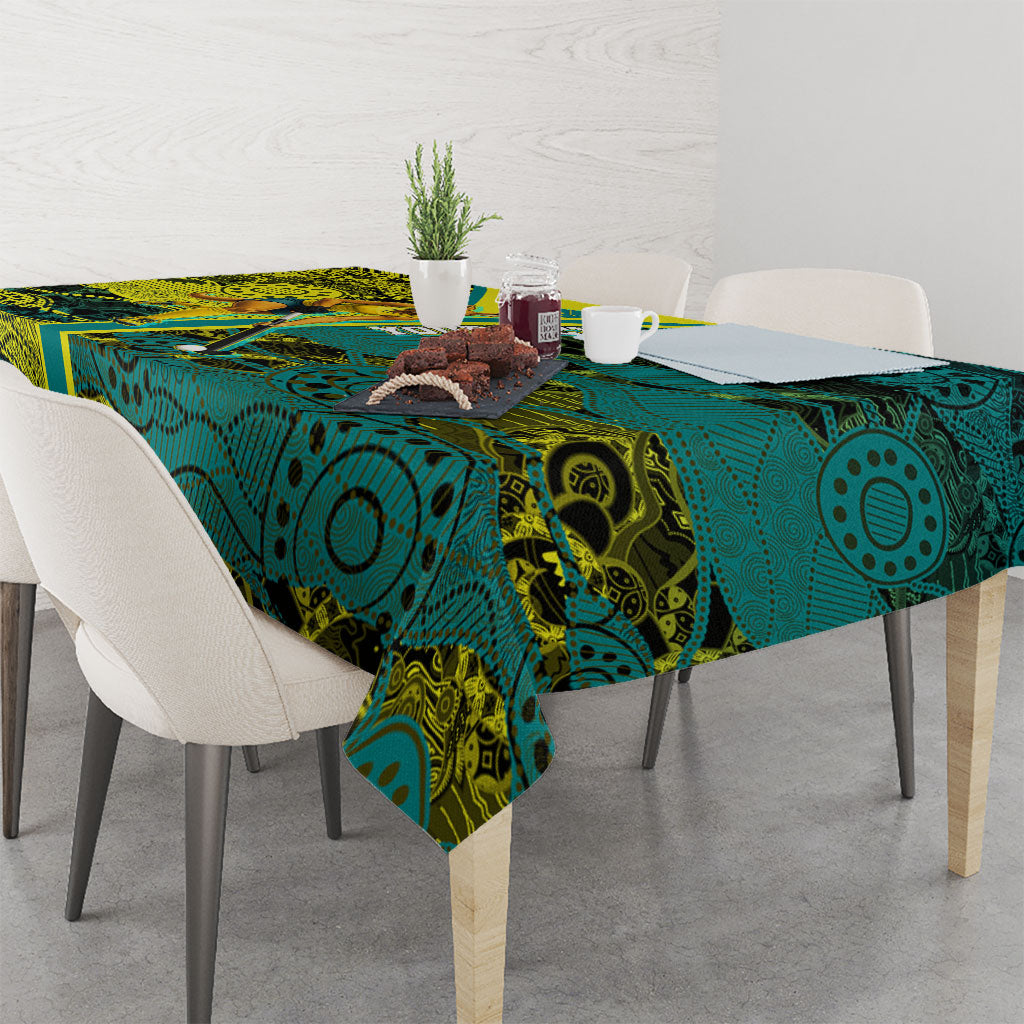 Custom Hockeyroos Kangaroo Field Hockey Tablecloth Aboriginal Pattern Green Gold Dynamic Athlete Design