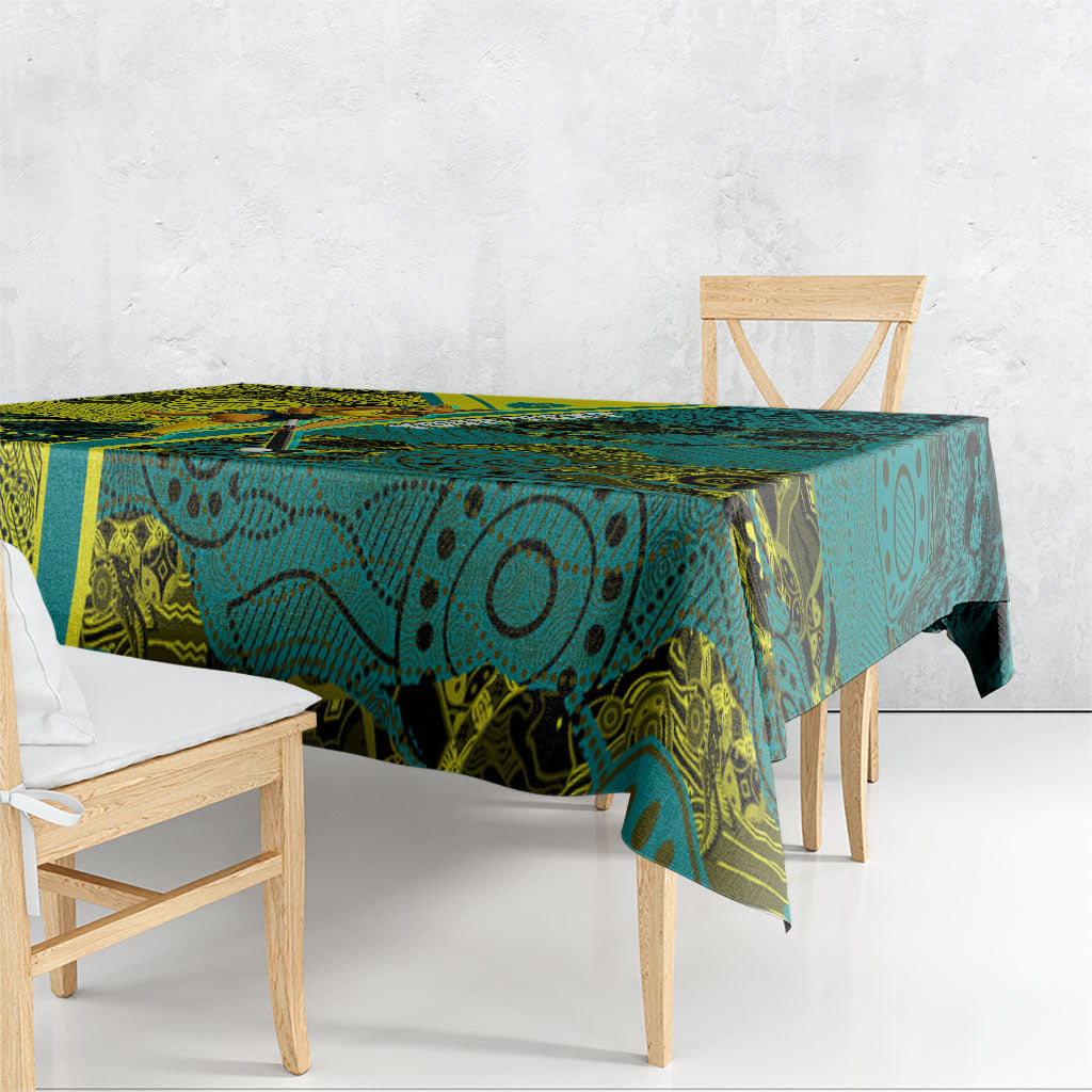 Custom Hockeyroos Kangaroo Field Hockey Tablecloth Aboriginal Pattern Green Gold Dynamic Athlete Design