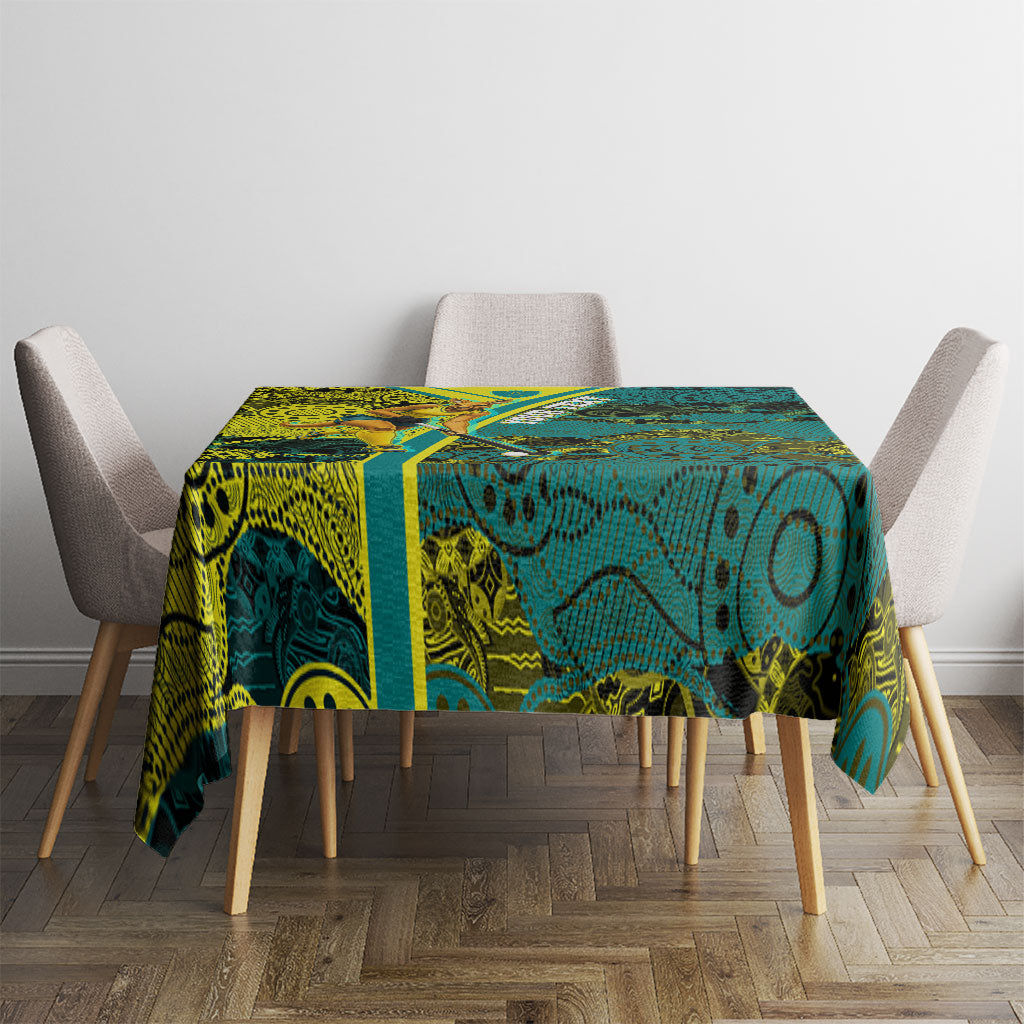 Custom Hockeyroos Kangaroo Field Hockey Tablecloth Aboriginal Pattern Green Gold Dynamic Athlete Design