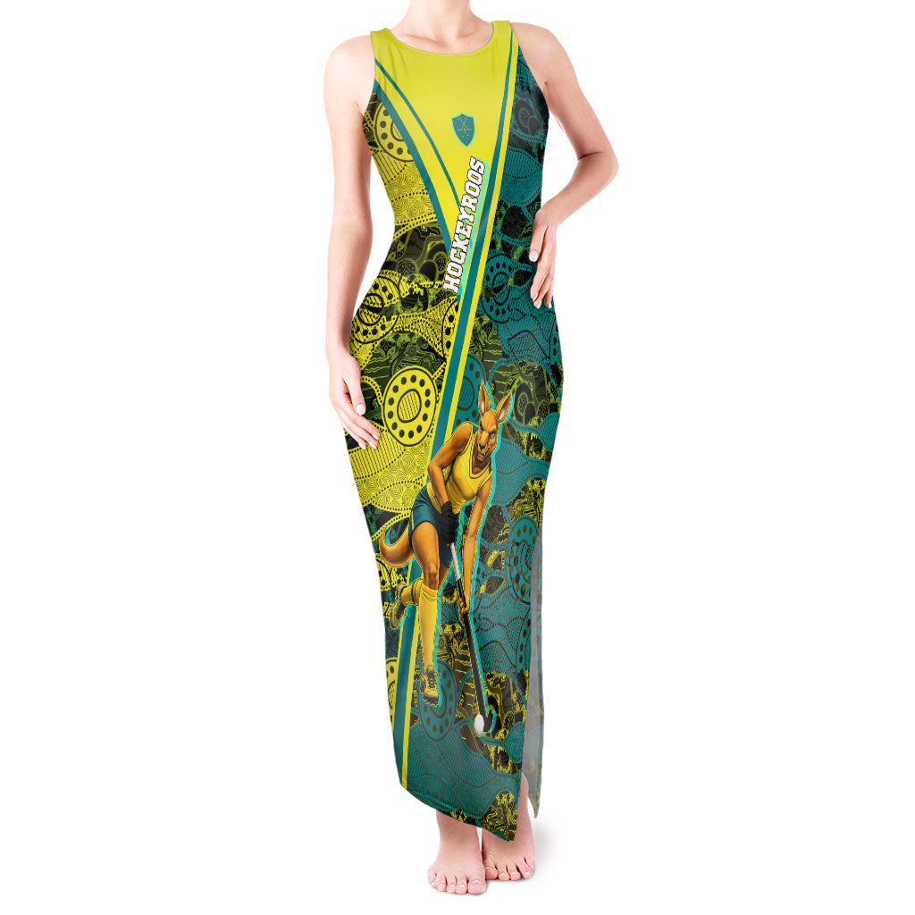 Custom Hockeyroos Kangaroo Field Hockey Tank Maxi Dress Aboriginal Pattern Green Gold Dynamic Athlete Design