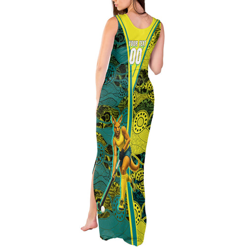 Custom Hockeyroos Kangaroo Field Hockey Tank Maxi Dress Aboriginal Pattern Green Gold Dynamic Athlete Design