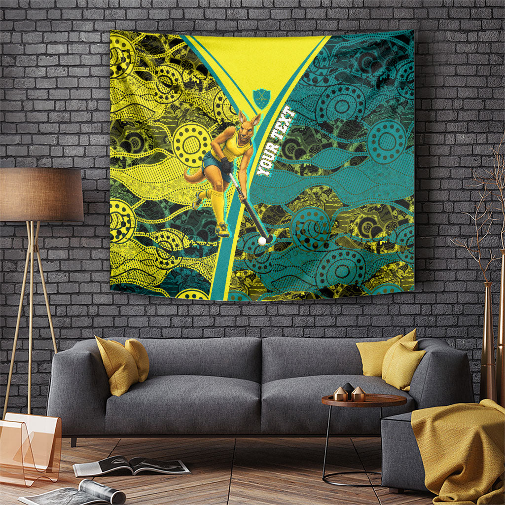 Custom Hockeyroos Kangaroo Field Hockey Tapestry Aboriginal Pattern Green Gold Dynamic Athlete Design