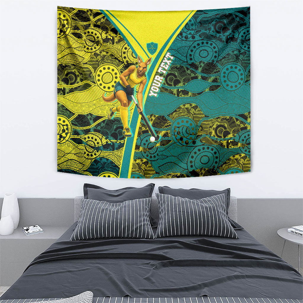 Custom Hockeyroos Kangaroo Field Hockey Tapestry Aboriginal Pattern Green Gold Dynamic Athlete Design