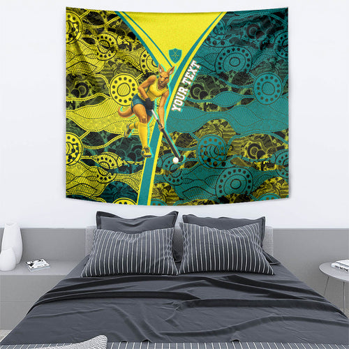 Custom Hockeyroos Kangaroo Field Hockey Tapestry Aboriginal Pattern Green Gold Dynamic Athlete Design
