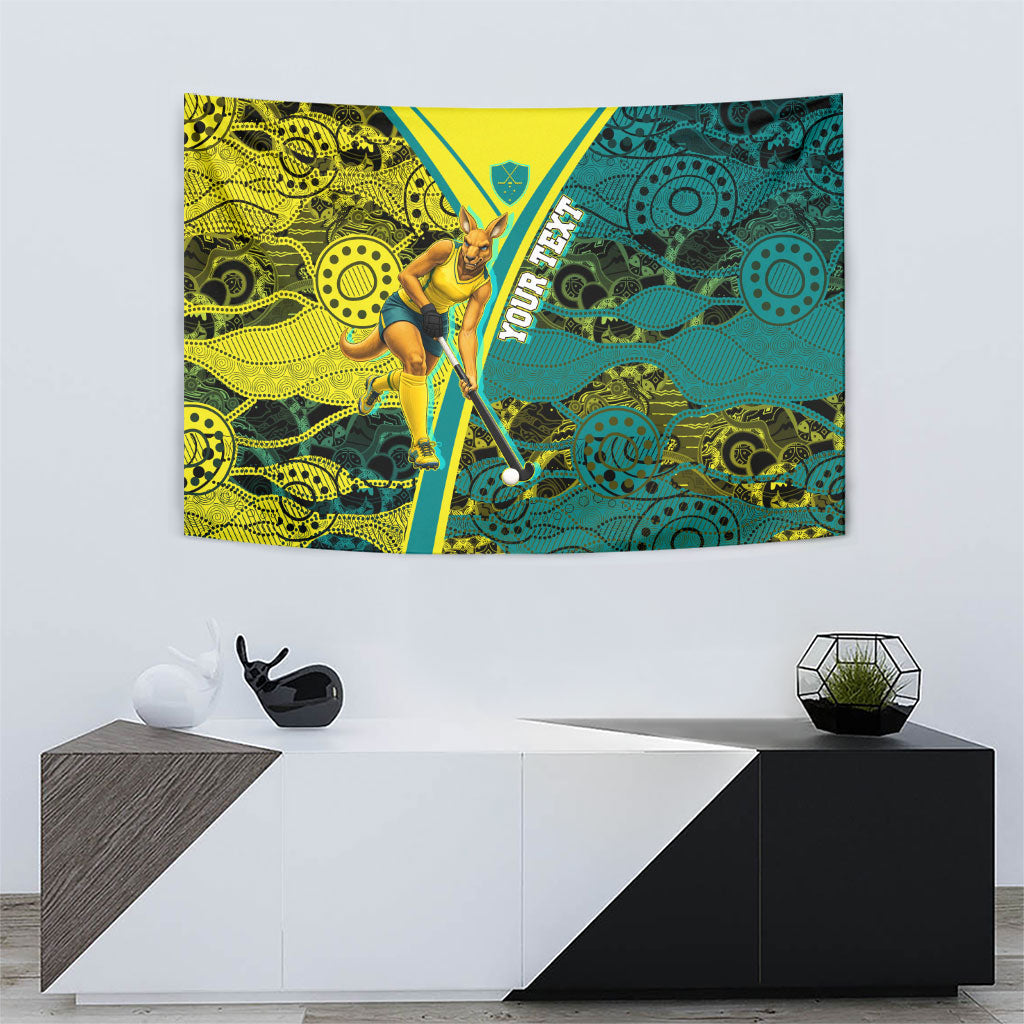 Custom Hockeyroos Kangaroo Field Hockey Tapestry Aboriginal Pattern Green Gold Dynamic Athlete Design