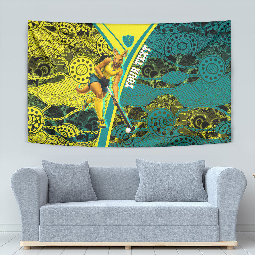 Custom Hockeyroos Kangaroo Field Hockey Tapestry Aboriginal Pattern Green Gold Dynamic Athlete Design
