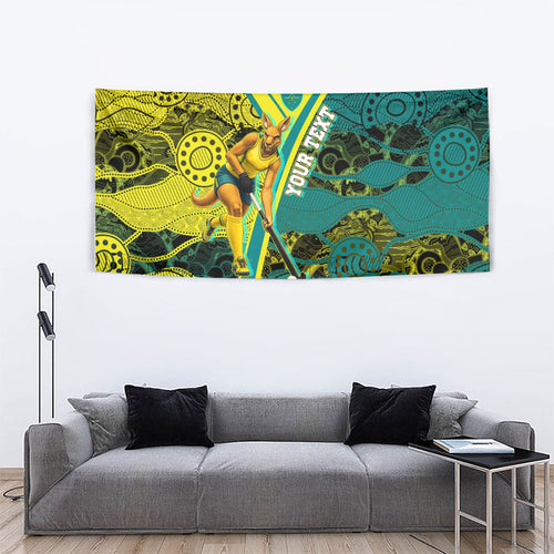 Custom Hockeyroos Kangaroo Field Hockey Tapestry Aboriginal Pattern Green Gold Dynamic Athlete Design